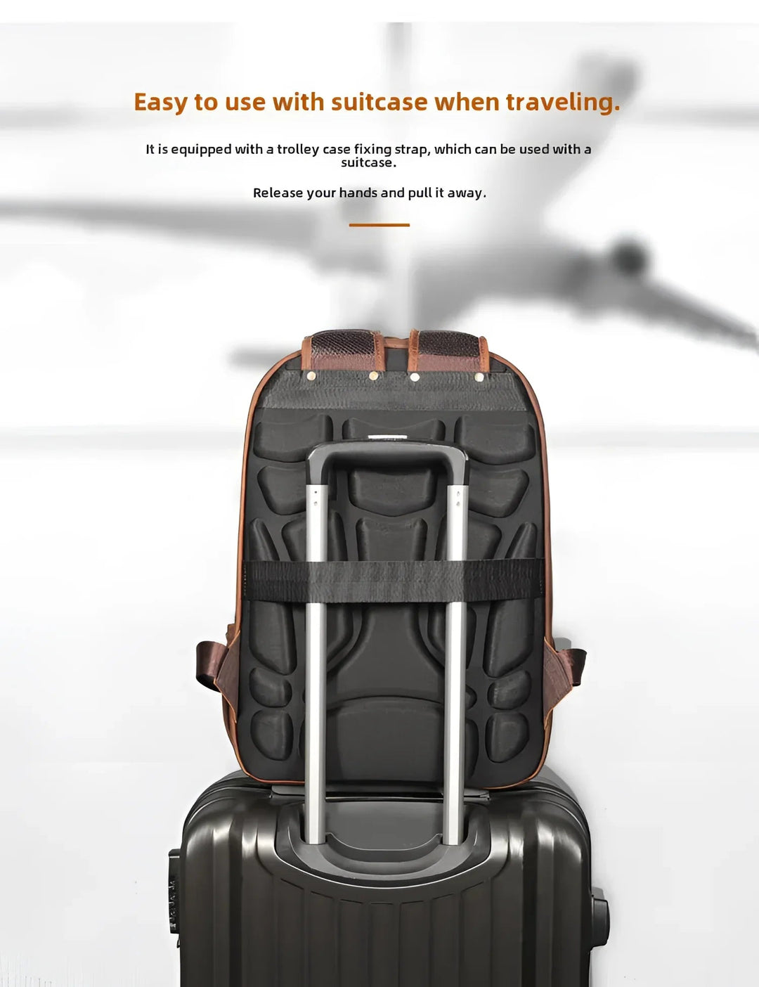 Stylish leather backpack with trolley strap, perfect for hands-free travel. Ideal for modern adventurers.