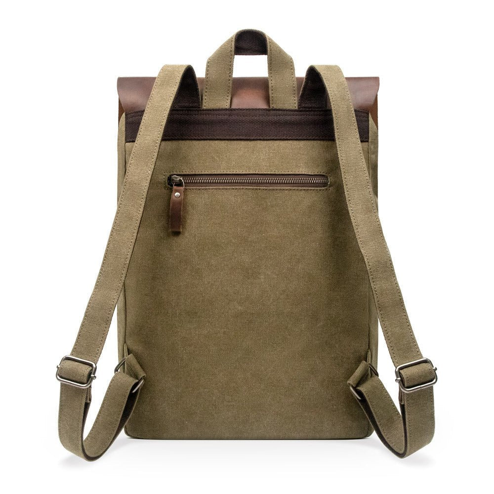 Stylish vintage leather/canvas backpack featuring a zip pocket and adjustable straps, perfect for everyday use.