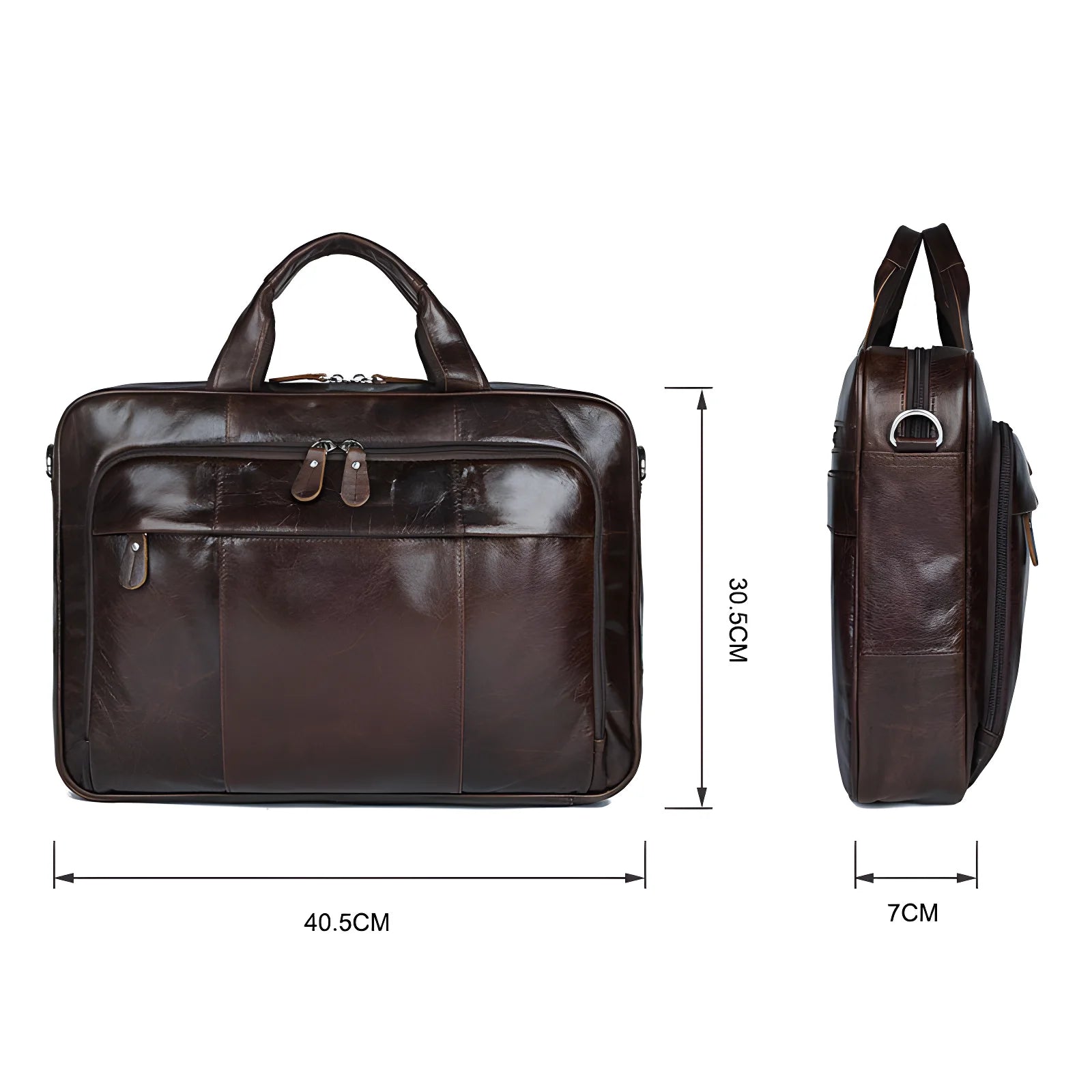 Stylish men's leather briefcase showcasing top grain leather, perfect for modern professionals.