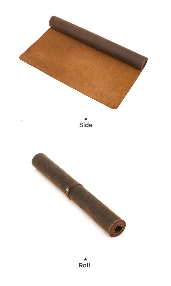 Leather oversized non-slip mouse/pad work station displayed in side and rolled views, showcasing its versatility and style.
