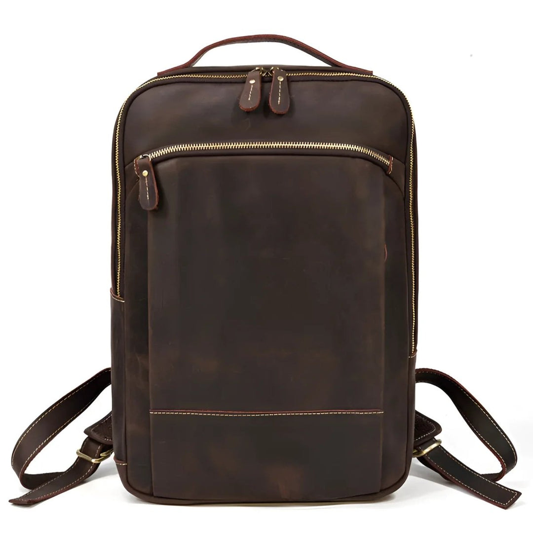 Elegant leather backpack/laptop bag showcasing a sleek design and practical zippers for daily use.