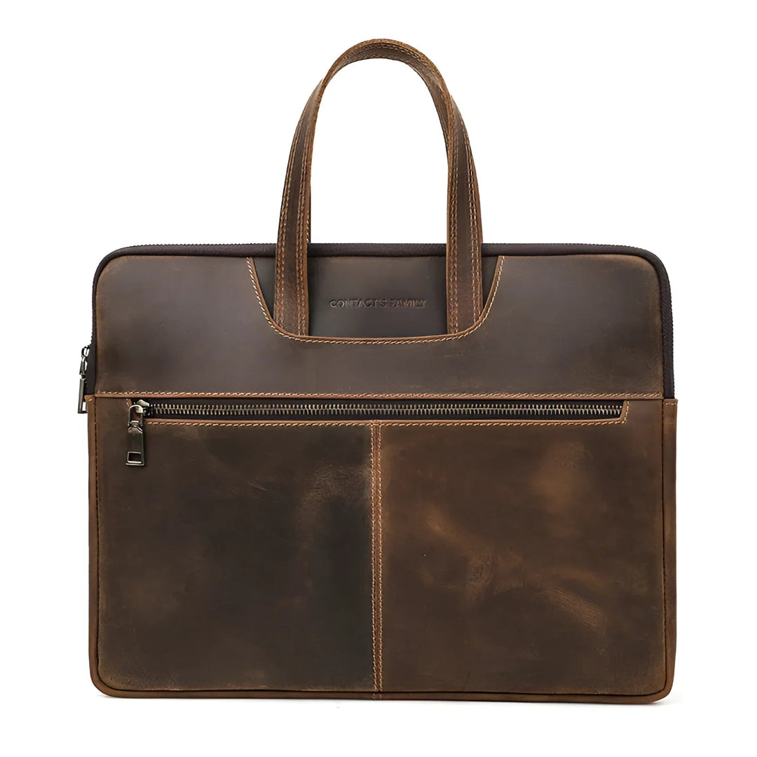 Stylish Laptop case-macbook 15 inch in brown leather with handles and a front zip pocket for added convenience.