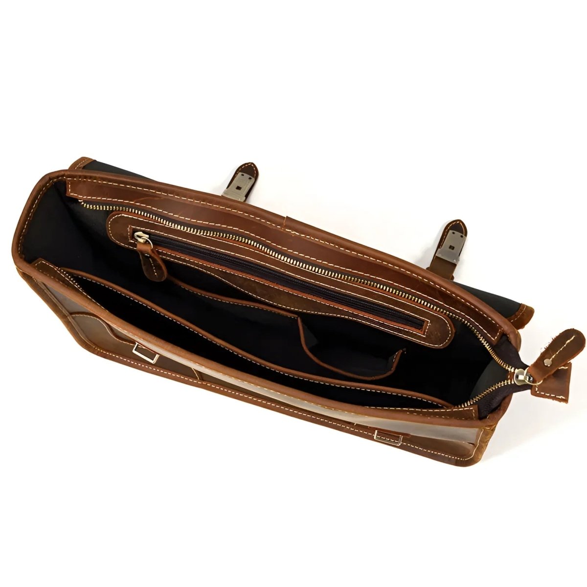 Stylish interior view showcasing The classic leather laptop/messenger bag, perfect for organized professionals.