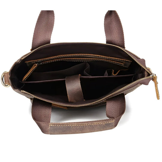 Stylish full leather messenger bag/satchel featuring multiple compartments for organization and convenience.