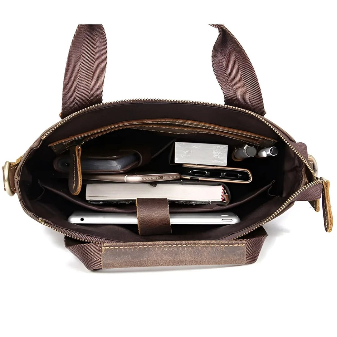Stylish full leather messenger bag/satchel featuring multiple compartments for organized storage and easy access.