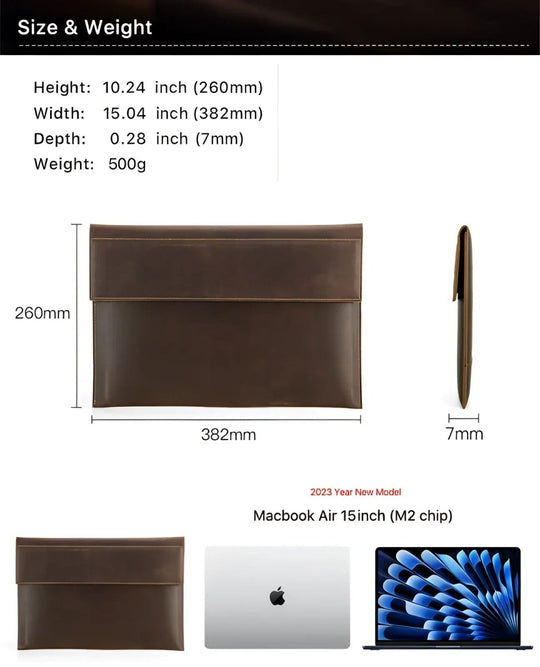 Stylish Sleeve MacBook Air 15 in brown leather, perfect for protection and elegance at your favorite store.