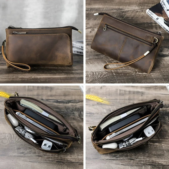 Stylish Full grain leather tech travel bag with multiple compartments for organized travel accessories.