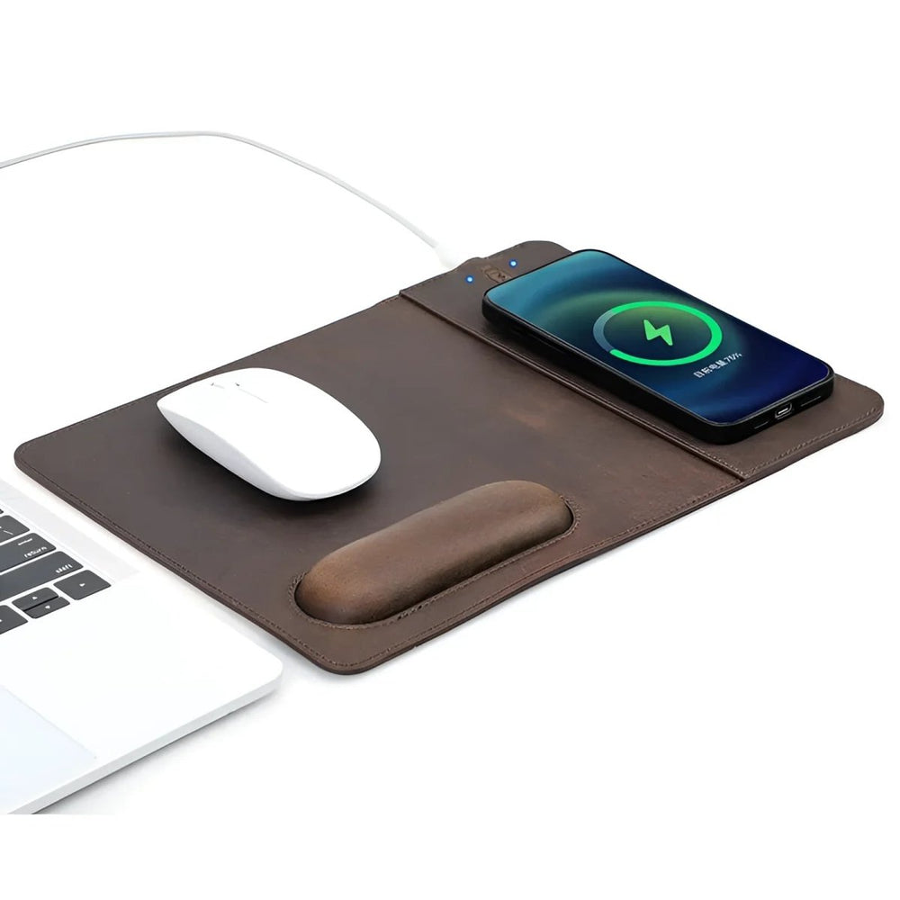 Stylish Leather 15W Wireless Charging Mouse Pad with a sleek design, perfect for modern workspaces.