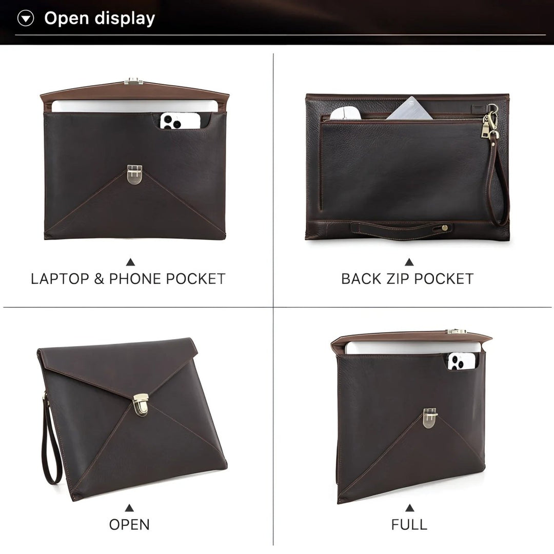 Stylish Leather Laptop Sleeve macbook 13/14 inch with multiple pockets for convenience and secure storage.