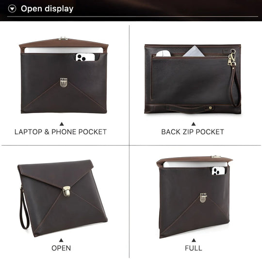 Stylish Leather Laptop Sleeve macbook 13/14 inch with multiple pockets for convenience and secure storage.