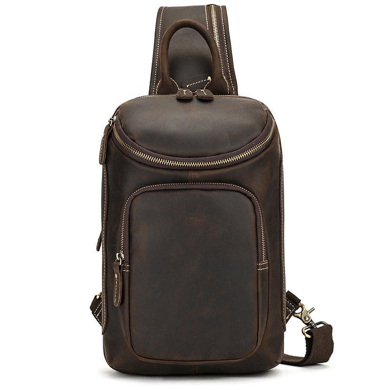 The Draeven Waypoint, a full-grain leather sling, offers stylish storage for tablets and daily gear.