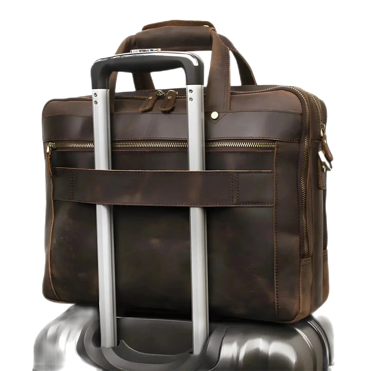 Durable and stylish, the Crazy horse leather computer bag fits perfectly on luggage for travel convenience.