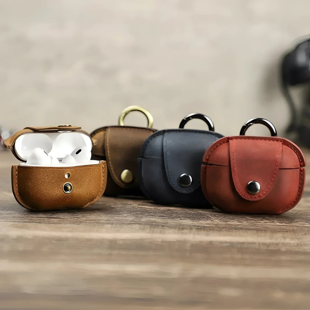 Stylish leather airpod case in various colors, perfect for protecting your AirPods on the go.