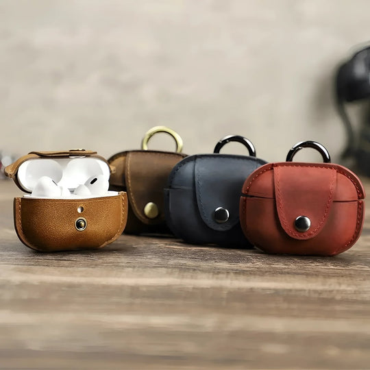 Stylish leather airpod case in various colors, perfect for protecting your AirPods on the go.