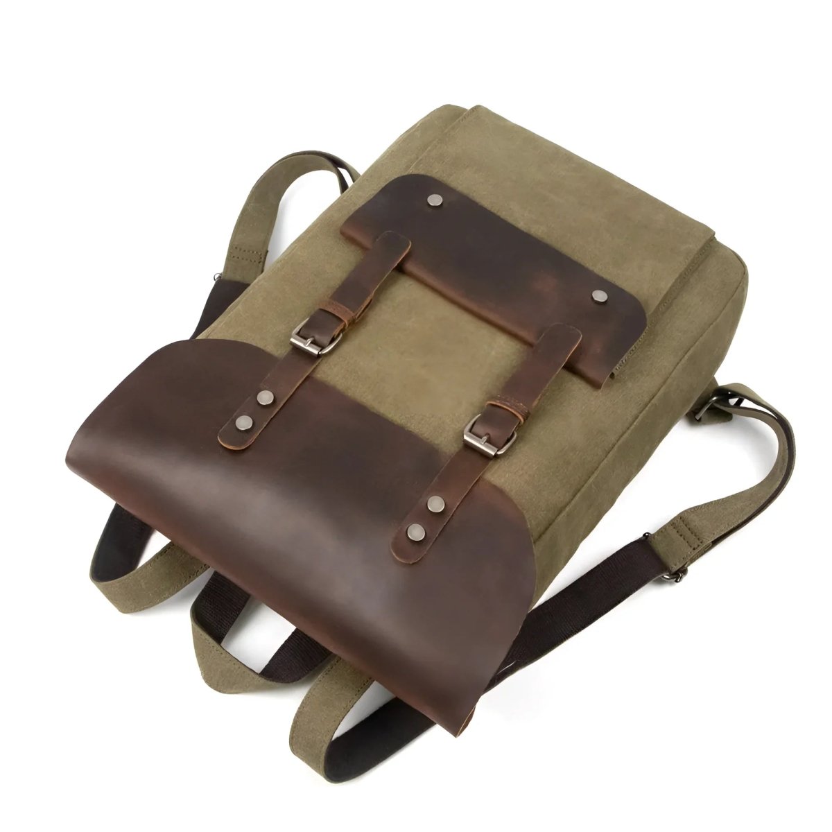 Stylish vintage leather/canvas backpack with durable straps and a classic design, perfect for everyday use.
