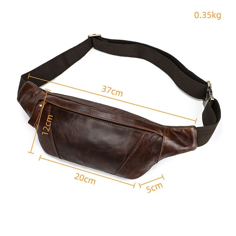 The Draeven Beltpack showcases a sleek, full-grain leather design perfect for hands-free travel.