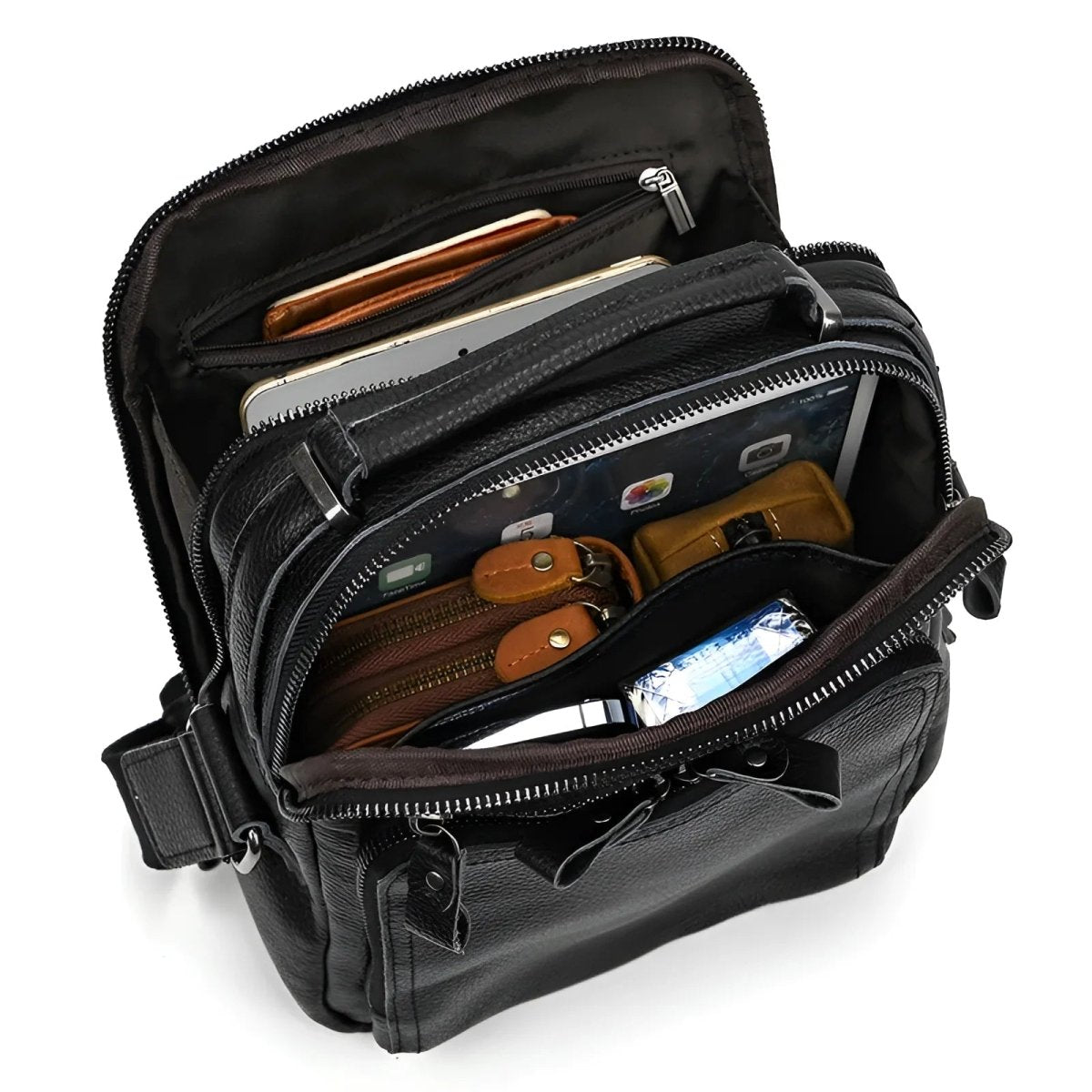 Stylish and spacious, The tablet satchel features multiple compartments for organization and easy access.