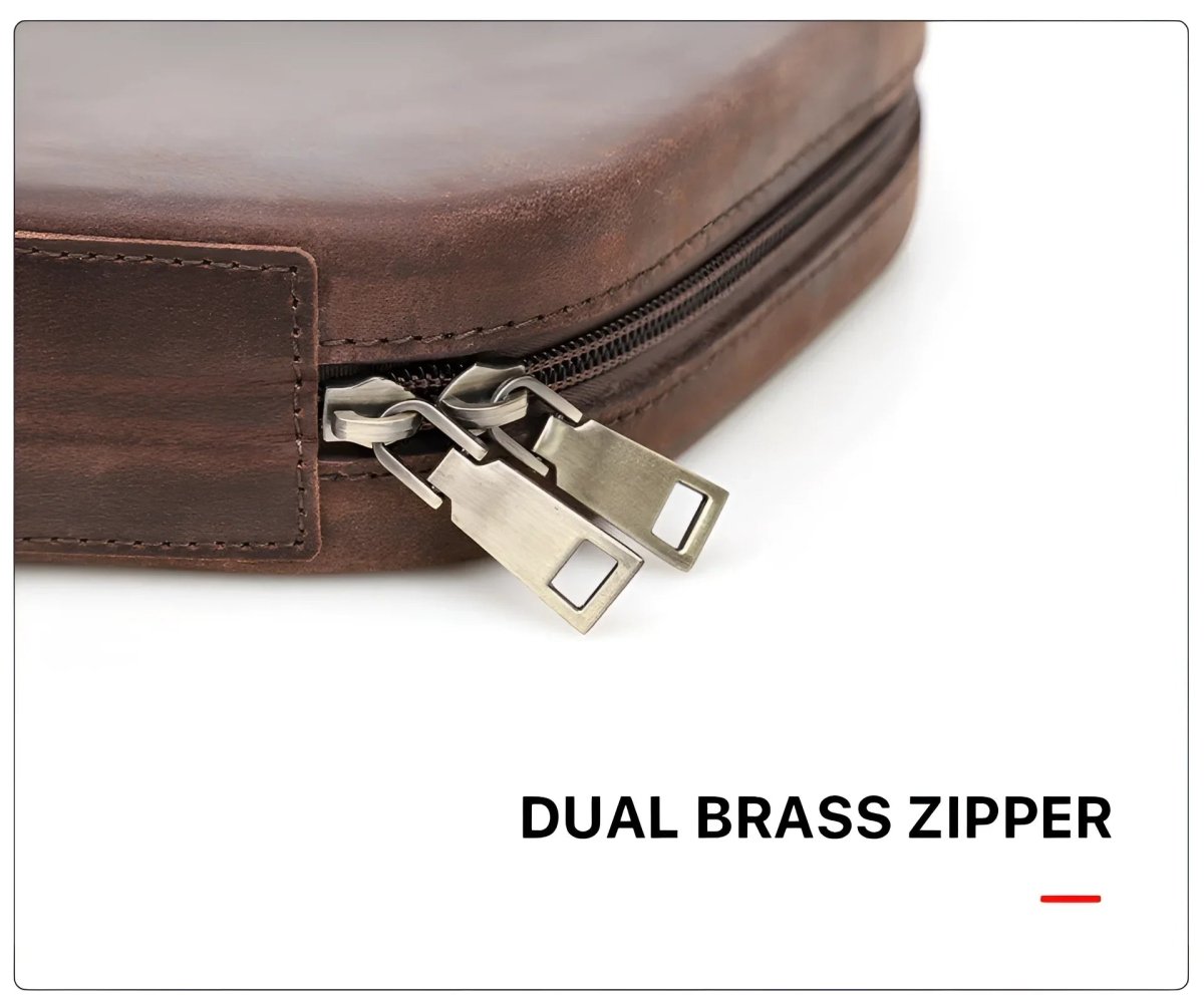 Stylish Apple AirPods Max leather case featuring a durable dual brass zipper for protection and convenience.