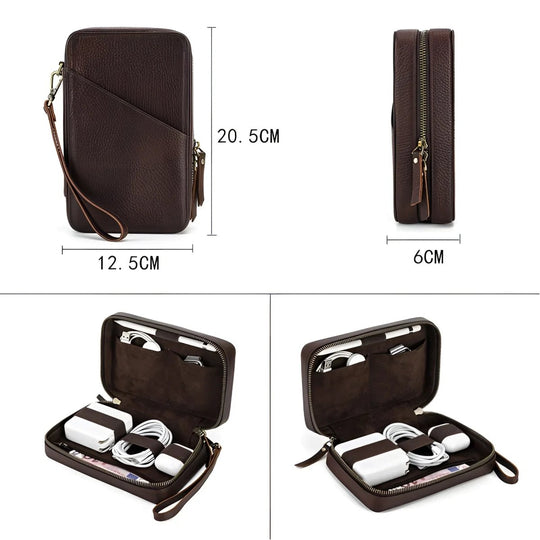 Stylish travel cable organizer in brown, perfect for keeping your chargers and cables neatly organized on the go.