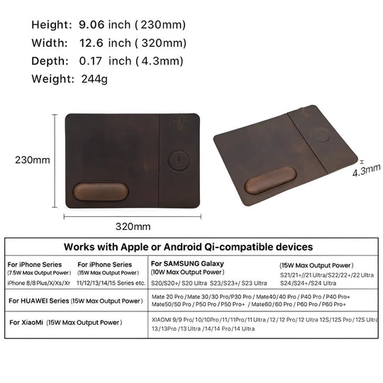 Stylish Leather 15W Wireless Charging Mouse Pad, perfect for seamless charging and productivity at your desk.