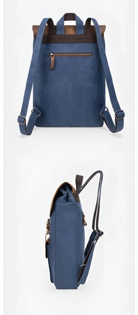 Stylish vintage leather/canvas backpack featuring a sleek design and practical storage for everyday use.