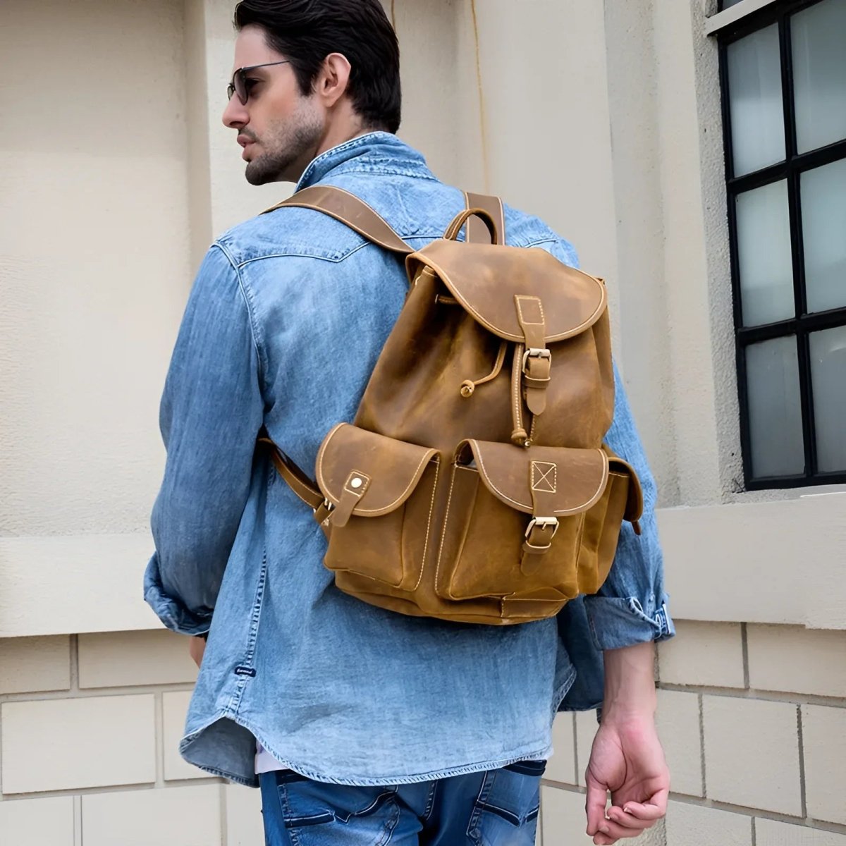 Stylish man wearing a full leather casual backpack, perfect for everyday use and adventures.