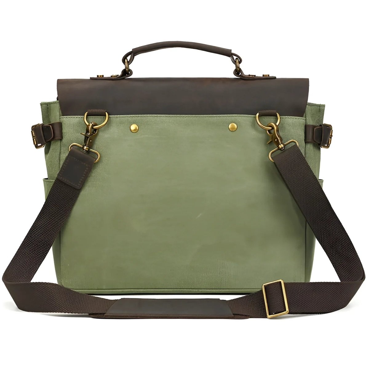 Stylish men's vintage canvas and leather messenger bag with adjustable strap and brass accents for versatile use.