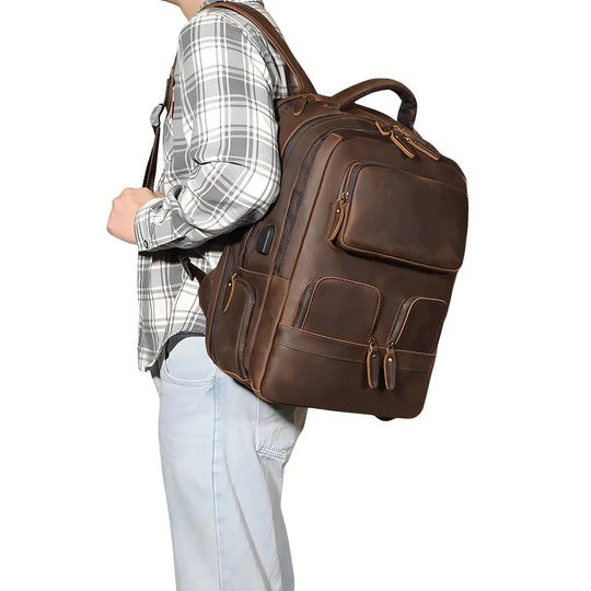 Stylish leather backpack showcased on a model, perfect for daily use and travel. Ideal from [Store Name].