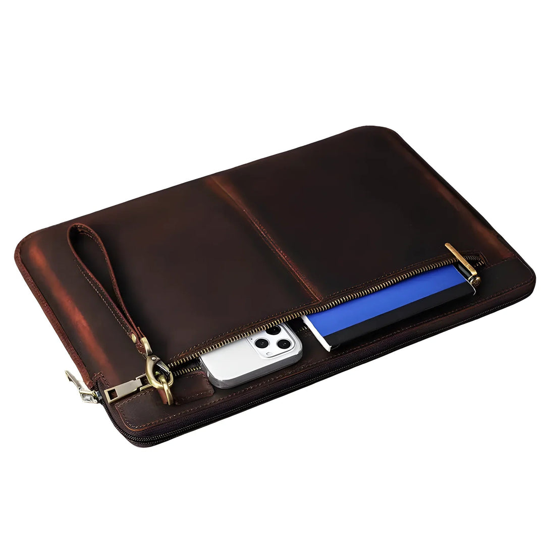 Stylish Laptop leather case 16 inch with a zipper, perfect for storing devices and essentials securely.