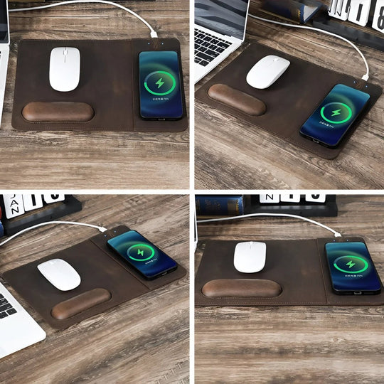 Stylish Leather 15W Wireless Charging Mouse Pad with a sleek design, perfect for modern workspaces and tech enthusiasts.
