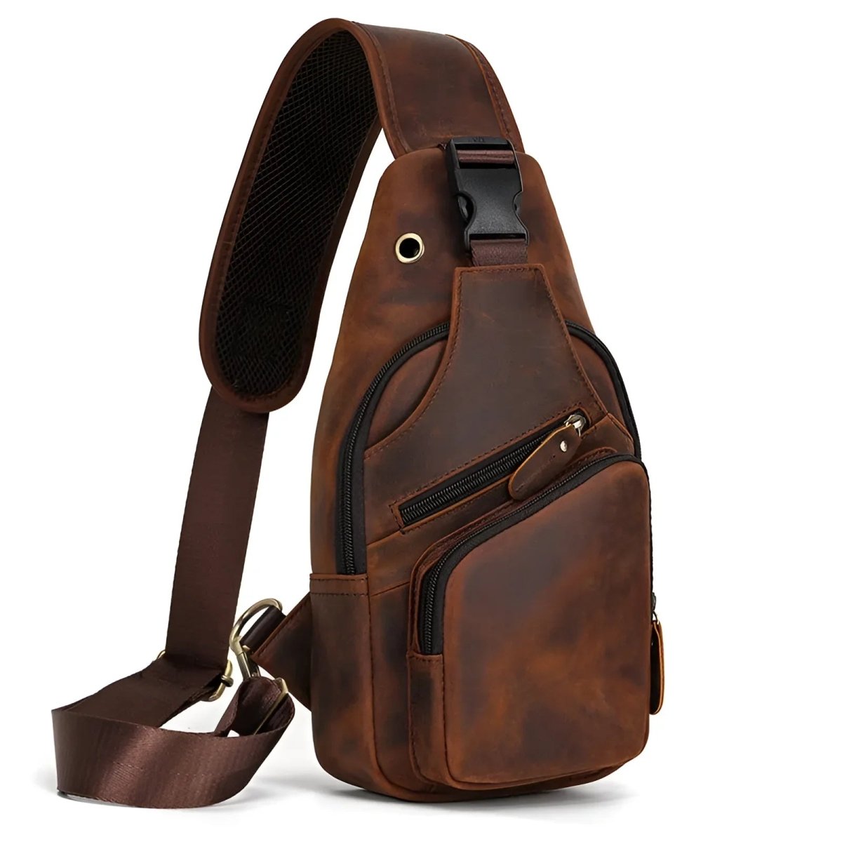 Stylish vintage leather crossbody/sling bag featuring multiple pockets for convenience and easy access.