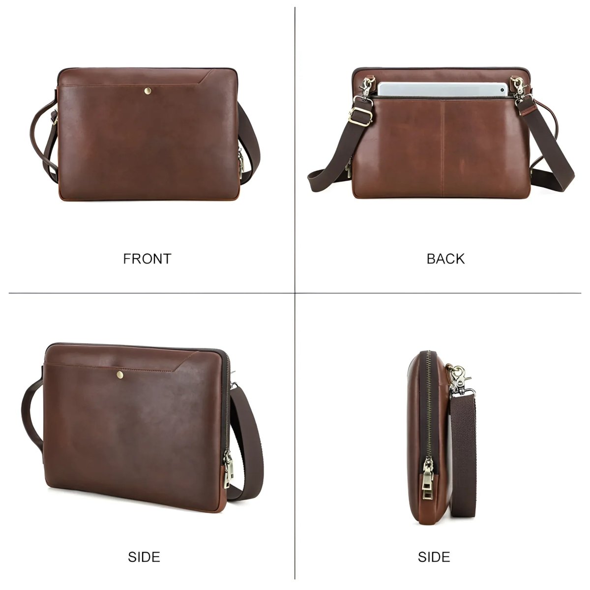 Stylish leather laptop bag MacBookPro 14.2 with front, back, and side views showcasing its sleek design.