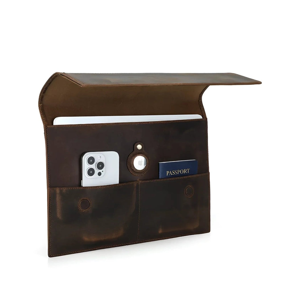 Handcrafted leather sleeve macbook pro 13.3" with pockets for phone and passport, perfect for stylish protection.