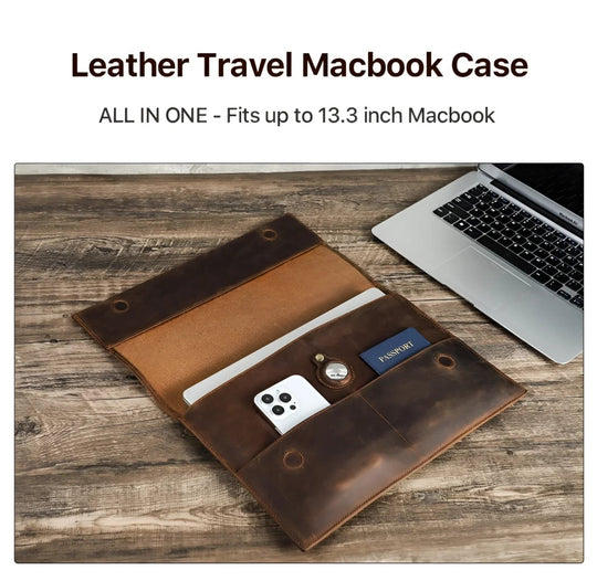 Stylish leather sleeve macbook pro 13.3", perfect for travel with additional pockets for essentials.