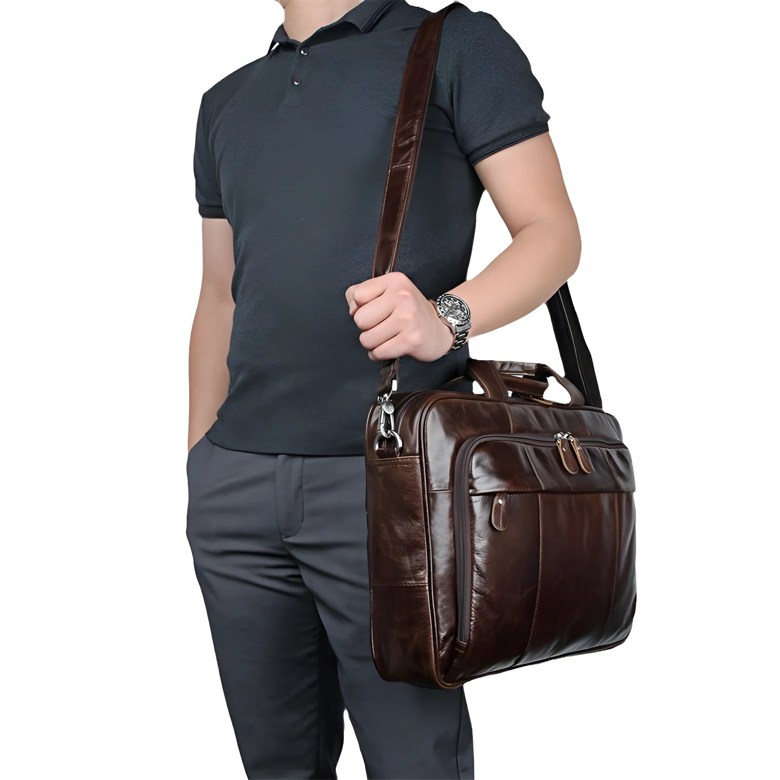 Stylish men's leather briefcase, crafted from top grain leather for modern professionals seeking durability and elegance.