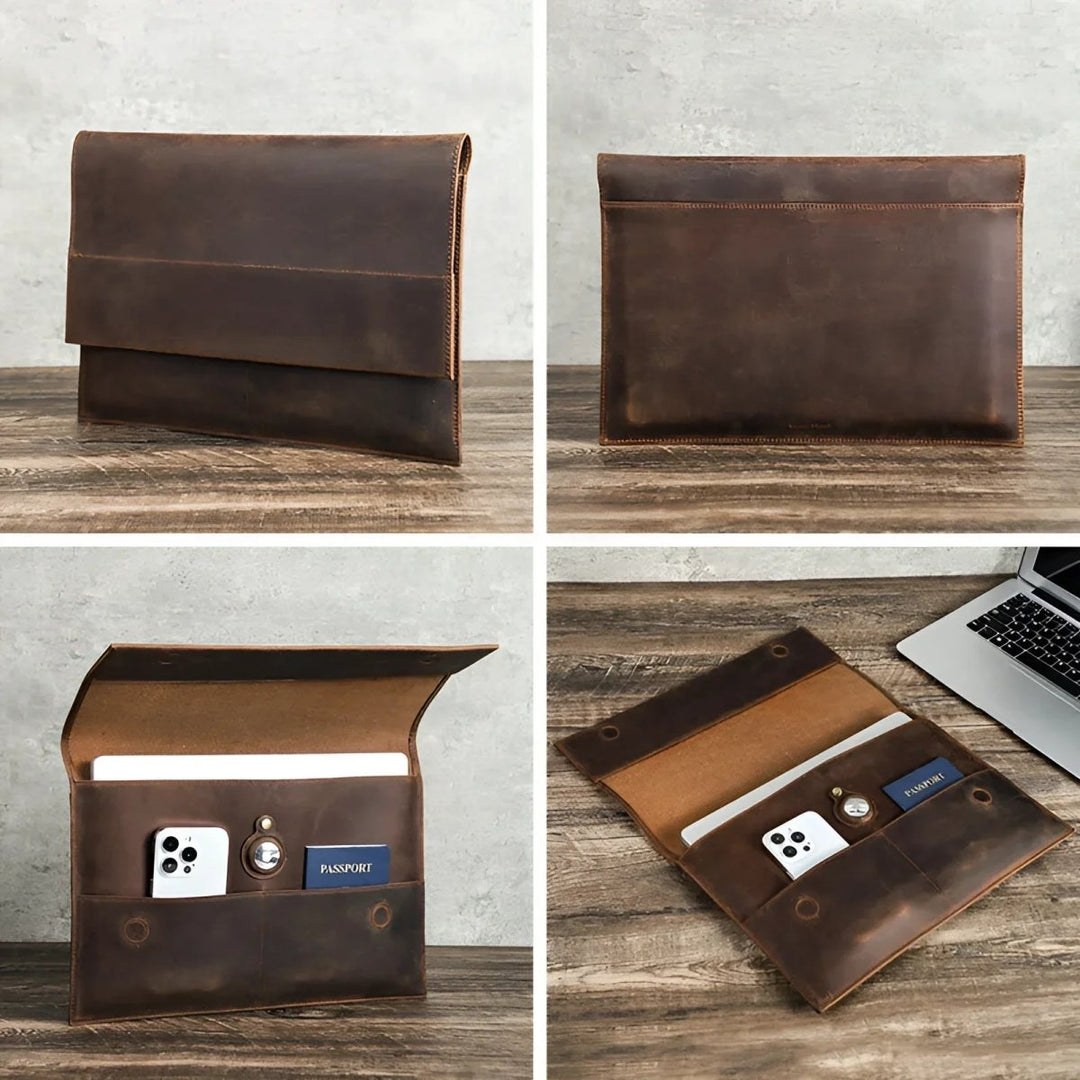 Stylish leather sleeve MacBook Pro 13.3" with pockets for accessories, perfect for sleek protection on the go.