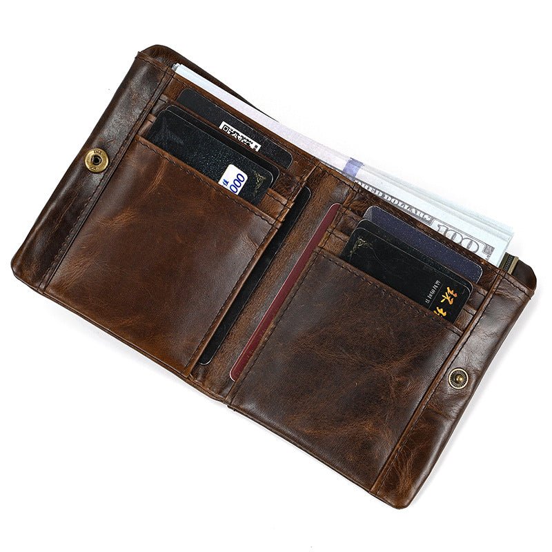 Stylish leather wallet, The Dravenfold, featuring multiple card slots and cash compartments. Perfect for daily use.