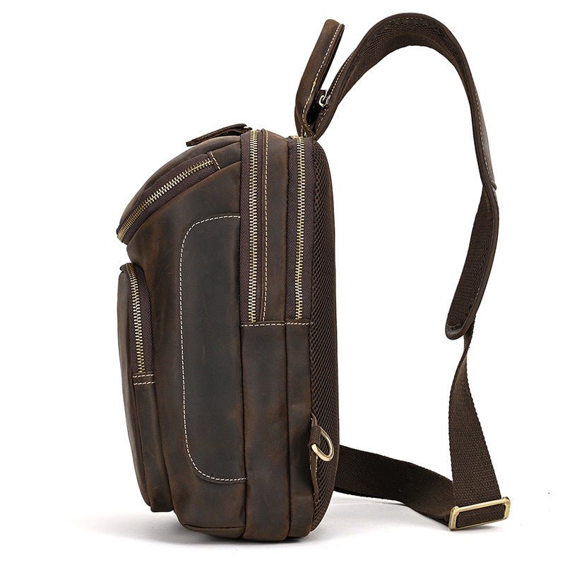 The Draeven Waypoint sling bag showcases full-grain leather, perfect for tablets and daily gear.