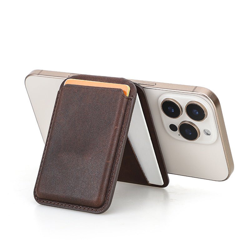 The Valenfold Leather MagSafe Wallet securely attaches to your phone, offering stylish card storage on the go.