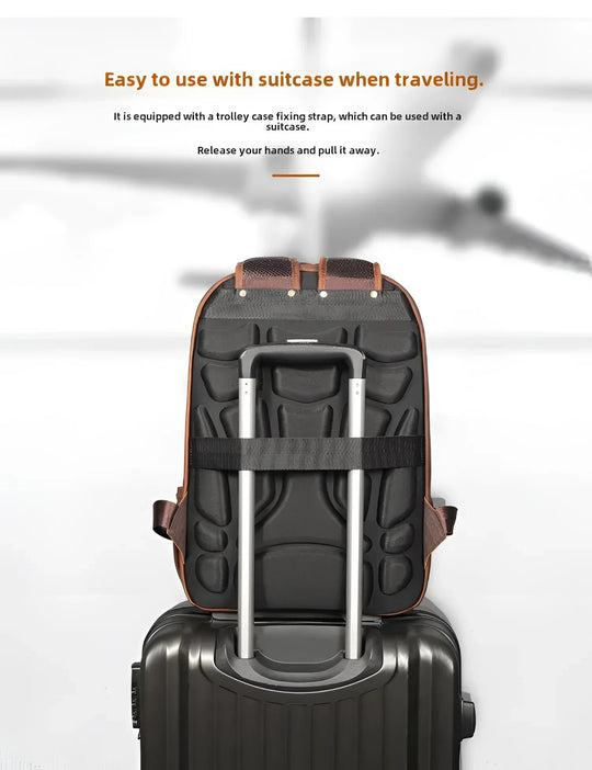 Stylish leather backpack with trolley strap, perfect for hands-free travel. Ideal for modern adventurers.