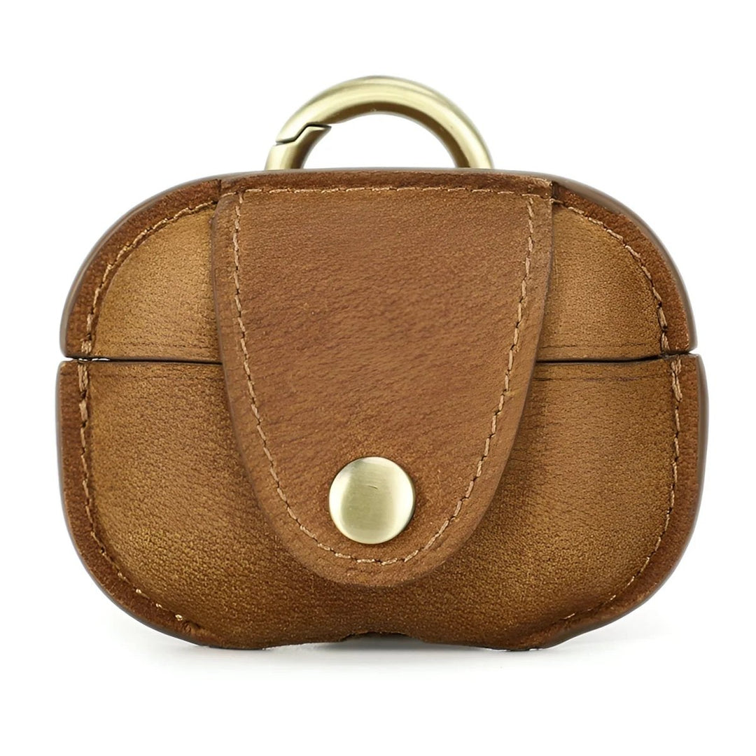 Stylish brown leather airpod case with a secure snap closure, perfect for protecting your AirPods.