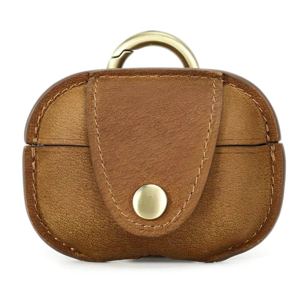 Stylish brown leather airpod case with a secure snap closure, perfect for protecting your AirPods.