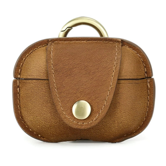 Stylish brown leather airpod case with a secure snap closure, perfect for protecting your AirPods.