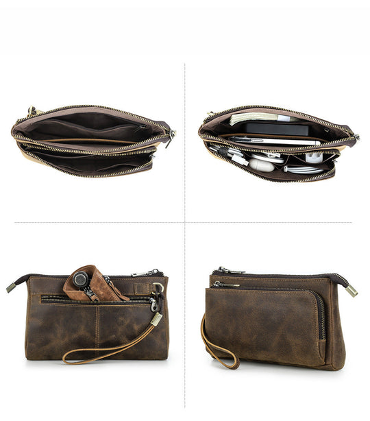 Stylish full grain leather tech travel bag with multiple compartments for organized storage and easy access.