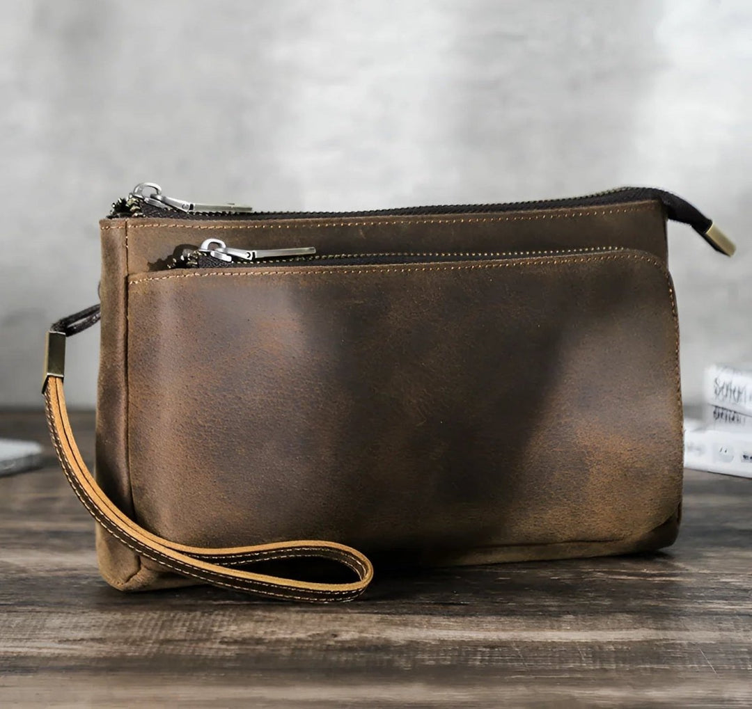 Stylish Full grain leather tech travel bag with multiple compartments for organized storage, perfect for on-the-go.