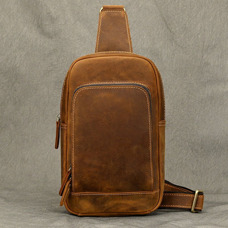 Stylish brown leather bag, The Draeven Verge, perfect for everyday use and adventures.