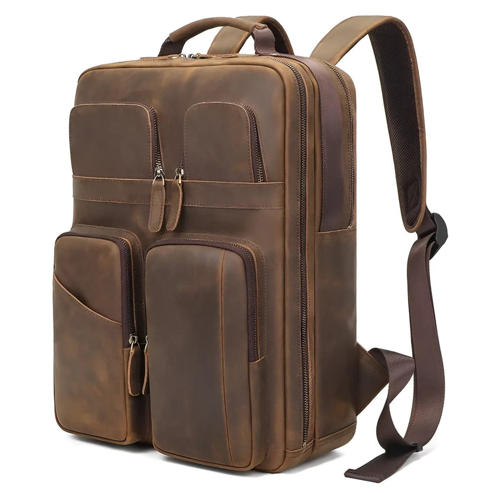 Stylish vintage leather backpack with multiple pockets, perfect for everyday use and travel adventures.