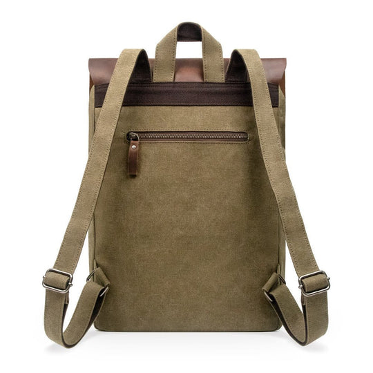 Stylish vintage leather/canvas backpack featuring a zip pocket and adjustable straps, perfect for everyday use.