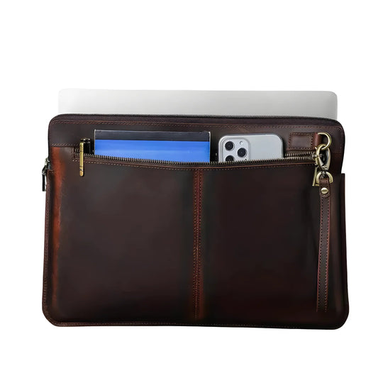 Stylish Laptop leather case 16 inch with multiple pockets for storage, perfect for modern professionals.