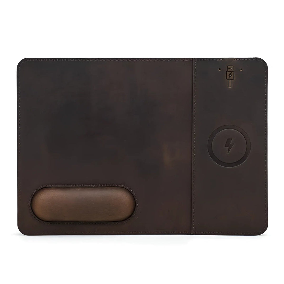 Stylish Leather 15W Wireless Charging Mouse Pad featuring a sleek design and convenient charging capability.